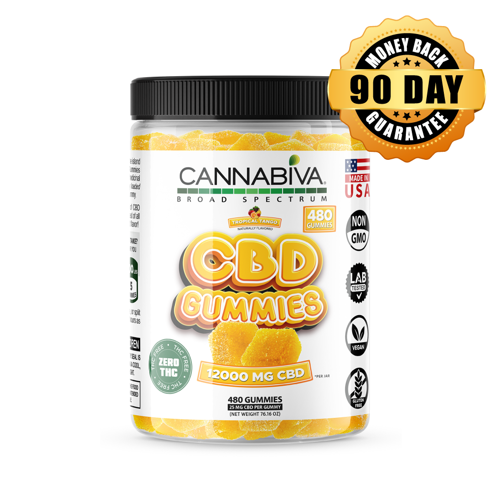 THC-Free Cannabiva CBD 12000 mg Broad Spectrum Gummies in Tropical Tango flavor featuring a 90-day money-back guarantee