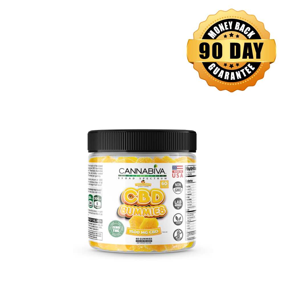 THC-Free Cannabiva CBD 1500 mg Broad Spectrum Gummies with a 90-day money-back guarantee