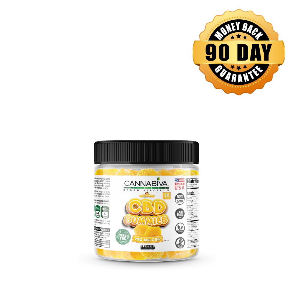 THC-Free Cannabiva CBD 750 mg Broad Spectrum Gummies with a 90-day money-back guarantee