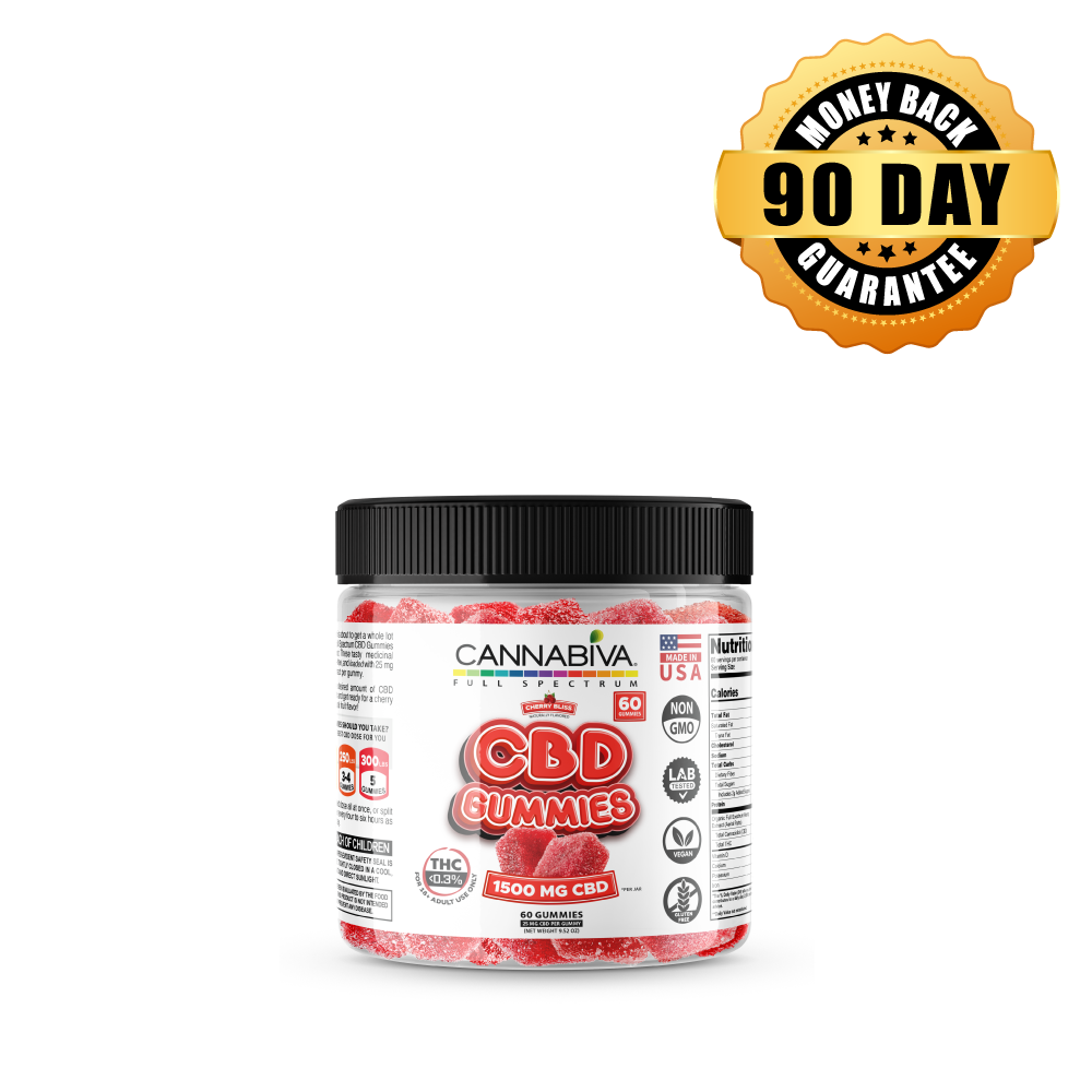 Cannabiva CBD 1500 mg Full Spectrum Hemp Gummies Cherry Bliss flavor featuring a 90-day money-back guarantee