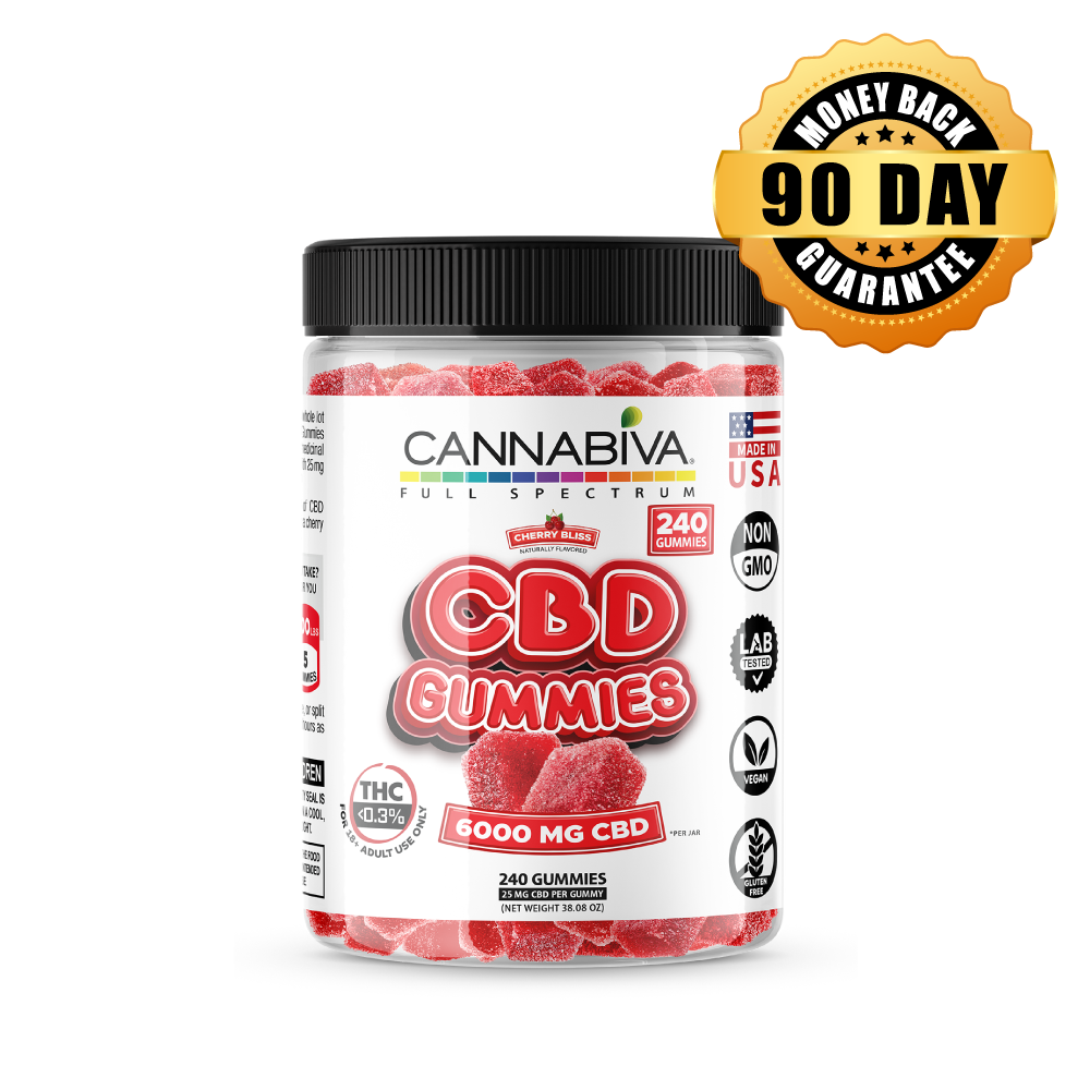 CBD 6000 mg Full Spectrum Hemp Gummies Cherry Bliss flavor featuring a 90-day money-back guarantee