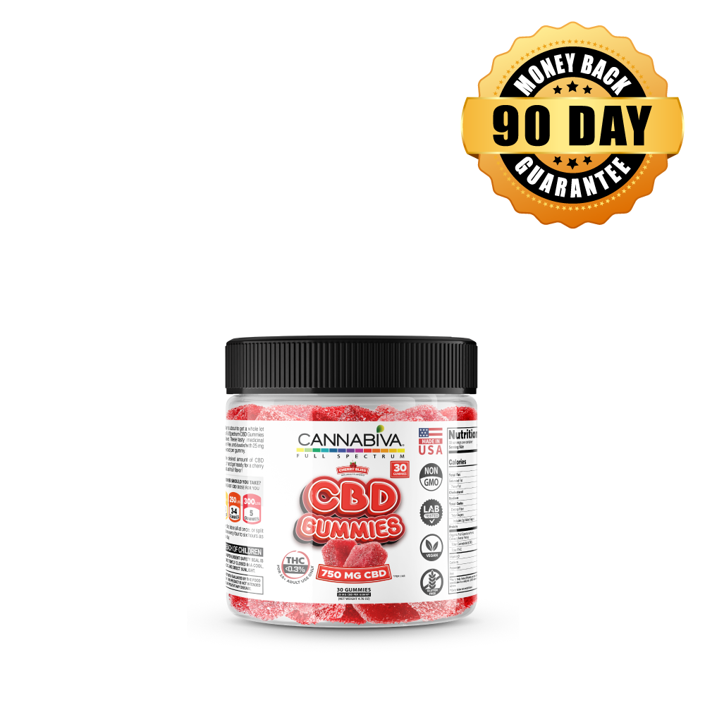 Cannabiva CBD 750 mg Full Spectrum Hemp Gummies Cherry Bliss flavor featuring a 90-day money-back guarantee