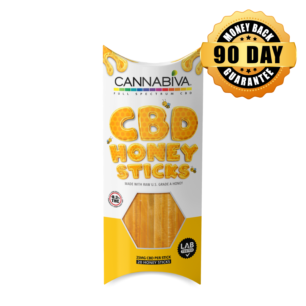 Buy a 1-box package of Cannabiva Full Spectrum CBD Honey Sticks, featuring 20 honey sticks with 25 mg of CBD per stick