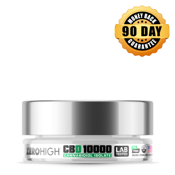 THC-Free Zero High CBD 10000 mg Cannabidiol Isolate Powder featuring a 90-day money-back guarantee