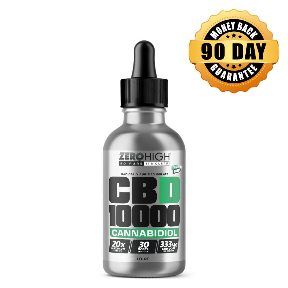 THC-Free Zero High CBD 10000 mg Cannabidiol Isolate Oil Tincture featuring a 90-day money-back guarantee