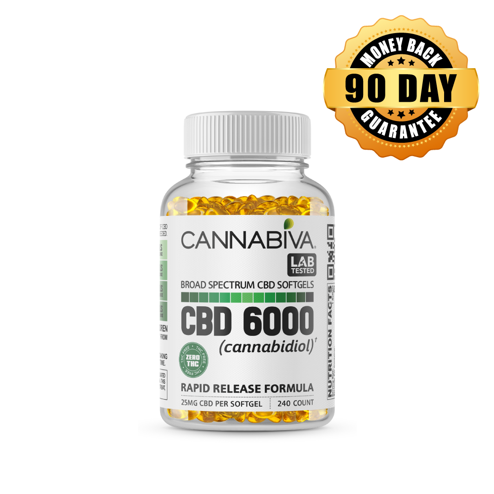 THC-Free 6000 mg Broad Spectrum CBD Softgels featuring a 90-day money-back guarantee