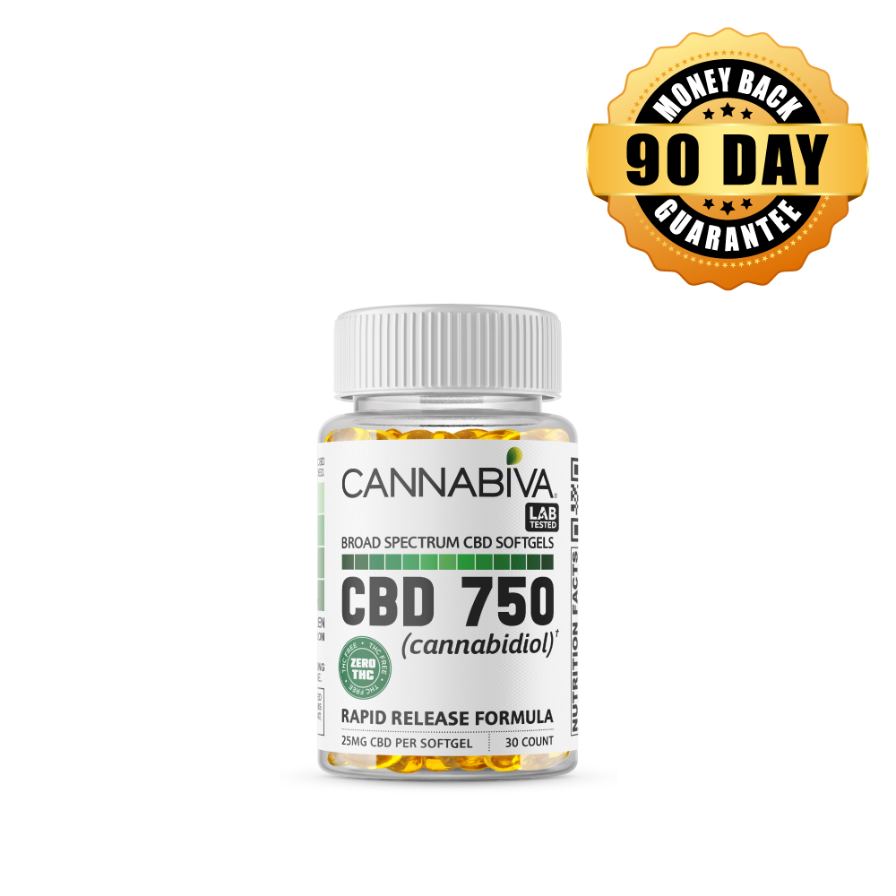 THC-Free CBD 750 mg Broad Spectrum Hemp Oil Softgels featuring a 90-day money-back guarantee