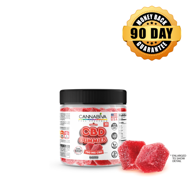 Buy 1 bottle of Cannabiva 750 mg Full Spectrum CBD Gummies in natural cherry flavor, featuring 25 mg CBD per gummy with 30 gummies per bottle