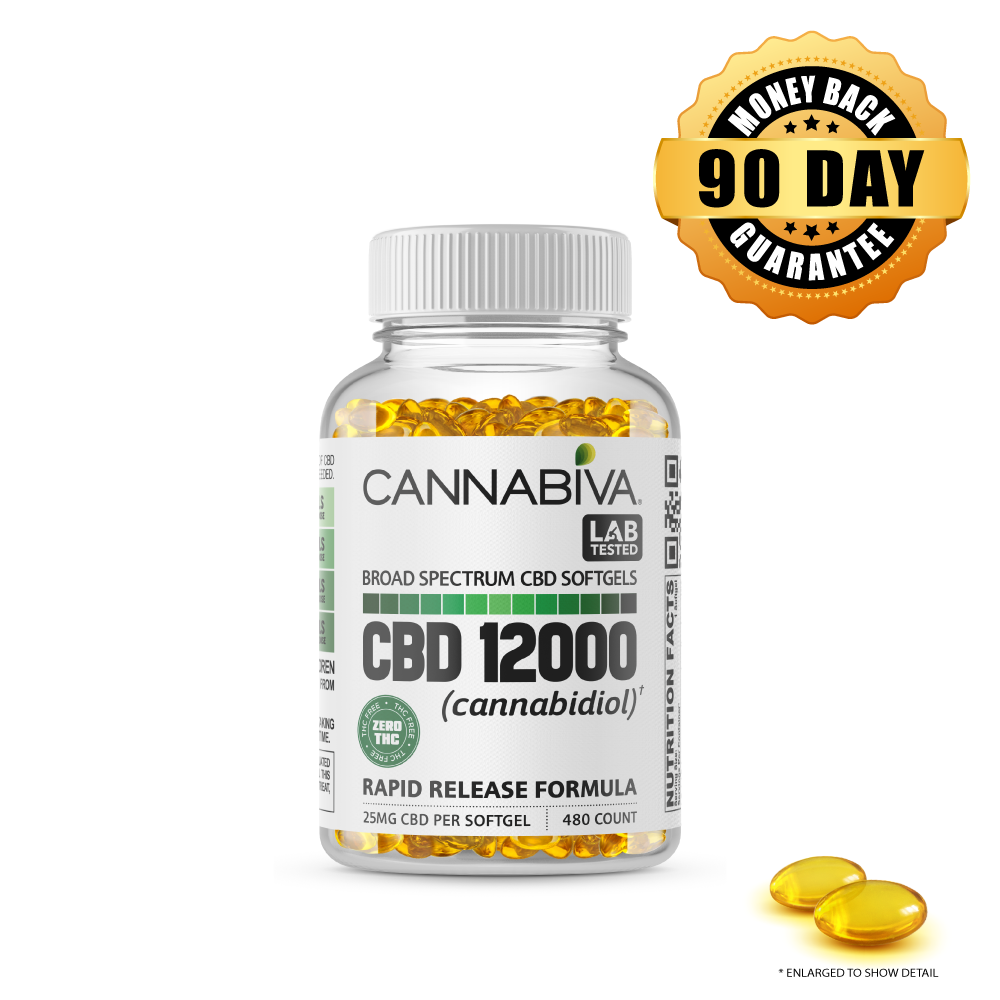 Buy 1 bottle of Cannabiva 12000 mg THC-Free Broad Spectrum CBD Softgels, featuring 25 mg CBD per softgel with 480 softgels per bottle