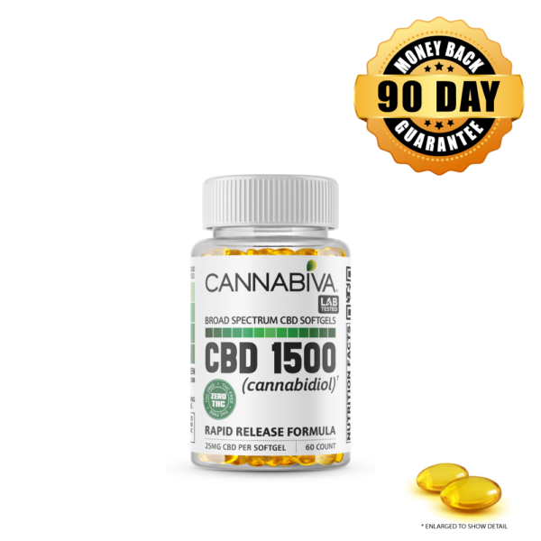 Buy 1 bottle of Cannabiva 1500 mg THC-Free Broad Spectrum CBD Softgels, featuring 25 mg CBD per softgel with 60 softgels per bottle