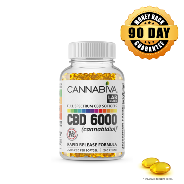 Buy 1 bottle of Cannabiva 6000 mg Full Spectrum CBD Softgels, featuring 25 mg CBD per softgel with 240 softgels per bottle