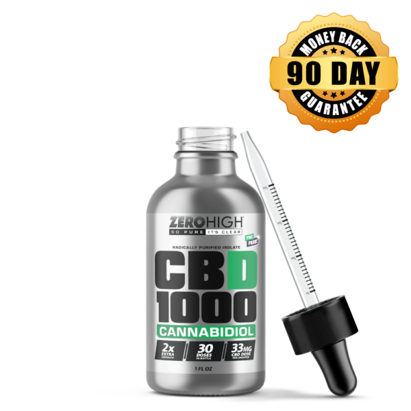 THC-Free CBD 1000 mg Cannabidiol (CBD) Isolate Oil Tincture open bottle with dropper leaning on the right side of the bottle