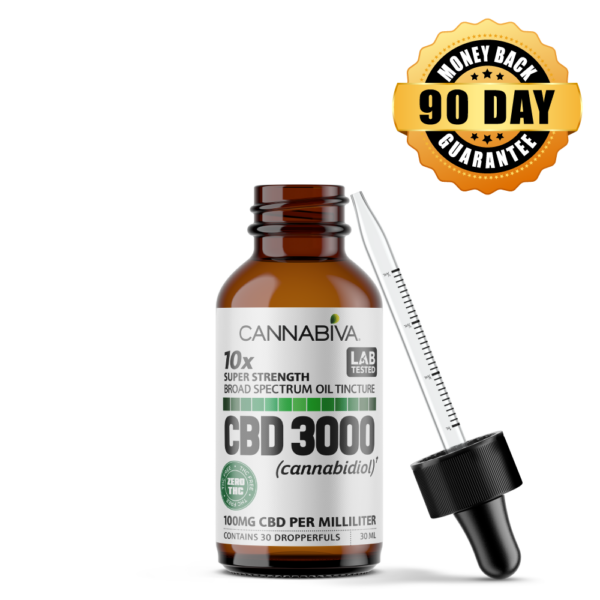 THC-Free CBD 3000 mg Broad Spectrum Hemp Oil Tincture one bottle open with dropper leaning on the right side of the bottle