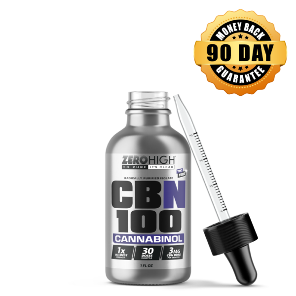 THC-Free CBN 100 mg Cannabinol (CBN) Isolate Oil Tincture open bottle with dropper leaning on the right side of the bottle