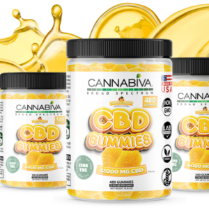 Cannabiva Broad Spectrum CBD Gummy Product Family featuring a 90-day money-back guarantee