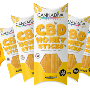 Cannabiva Full Spectrum CBD Honey Sticks made with raw honey and featuring a 90-day money-back guarantee