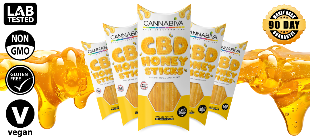 Cannabiva Full Spectrum CBD Honey Sticks made with raw honey and featuring a 90-day money-back guarantee