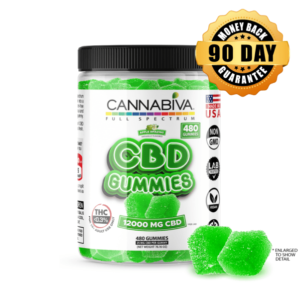 Buy 1 bottle of Cannabiva 12000 mg Full Spectrum CBD Gummies, featuring 25 mg CBD per gummy with 480 apple-flavored gummies per bottle