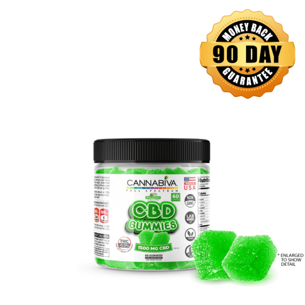 Buy 1 bottle of Cannabiva 1500 mg Full Spectrum CBD Gummies, featuring 25 mg CBD per gummy with 60 apple-flavored gummies per bottle