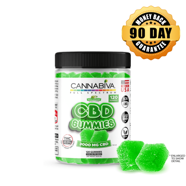 Buy 1 bottle of Cannabiva 3000 mg Full Spectrum CBD Gummies, featuring 25 mg CBD per gummy with 120 apple-flavored gummies per bottle