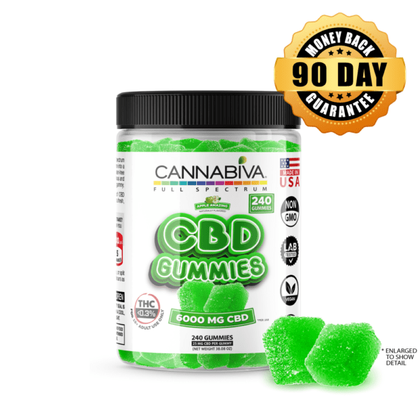 Buy 1 bottle of Cannabiva 6000 mg Full Spectrum CBD Gummies, featuring 25 mg CBD per gummy with 240 apple-flavored gummies per bottle