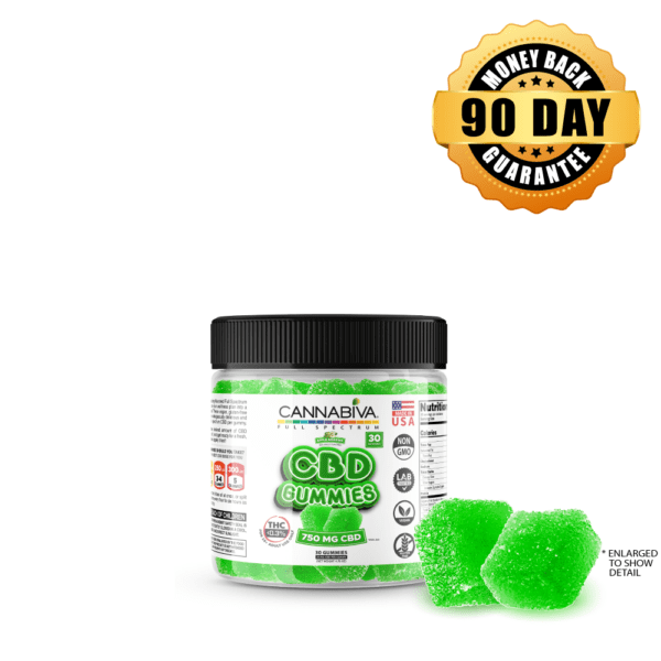 Buy 1 bottle of Cannabiva 750 mg Full Spectrum CBD Gummies, featuring 25 mg CBD per gummy with 30 apple-flavored gummies per bottle