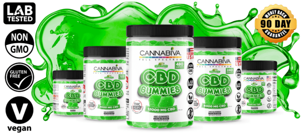 Cannabiva Full Spectrum CBD Gummies in Apple Amazing flavor featuring a 90-day money-back guarantee